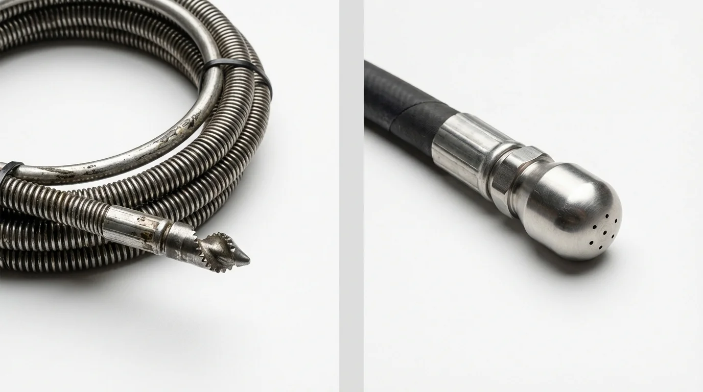 Drain snake cable and hydro jetting nozzle used for drain cleaning in Earlham, IA