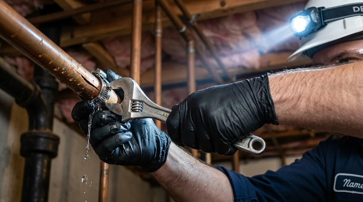 Emergency pipe clamp repair being performed by a Johns Plumbing LLC plumber in Earlham