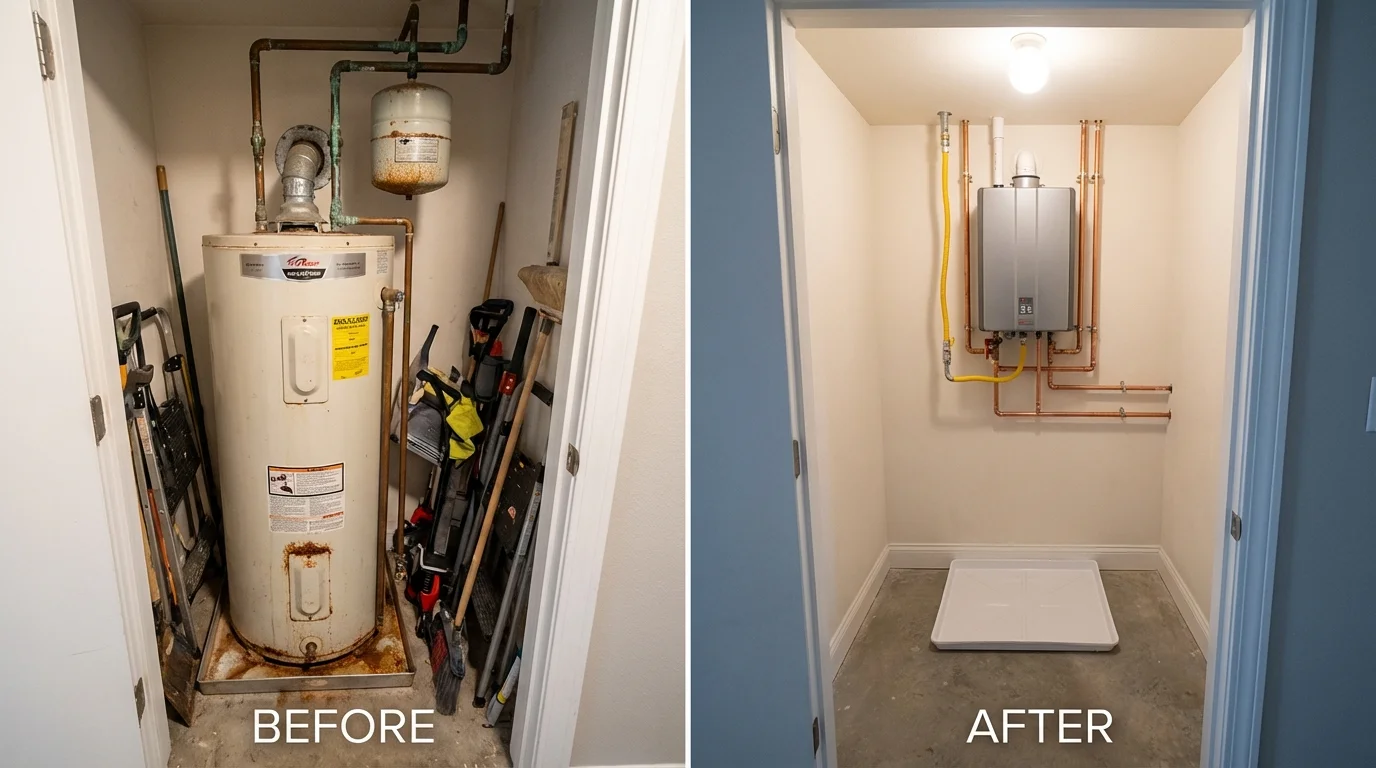 Tank water heater versus wall-mounted tankless unit comparison for Earlham, IA homeowners