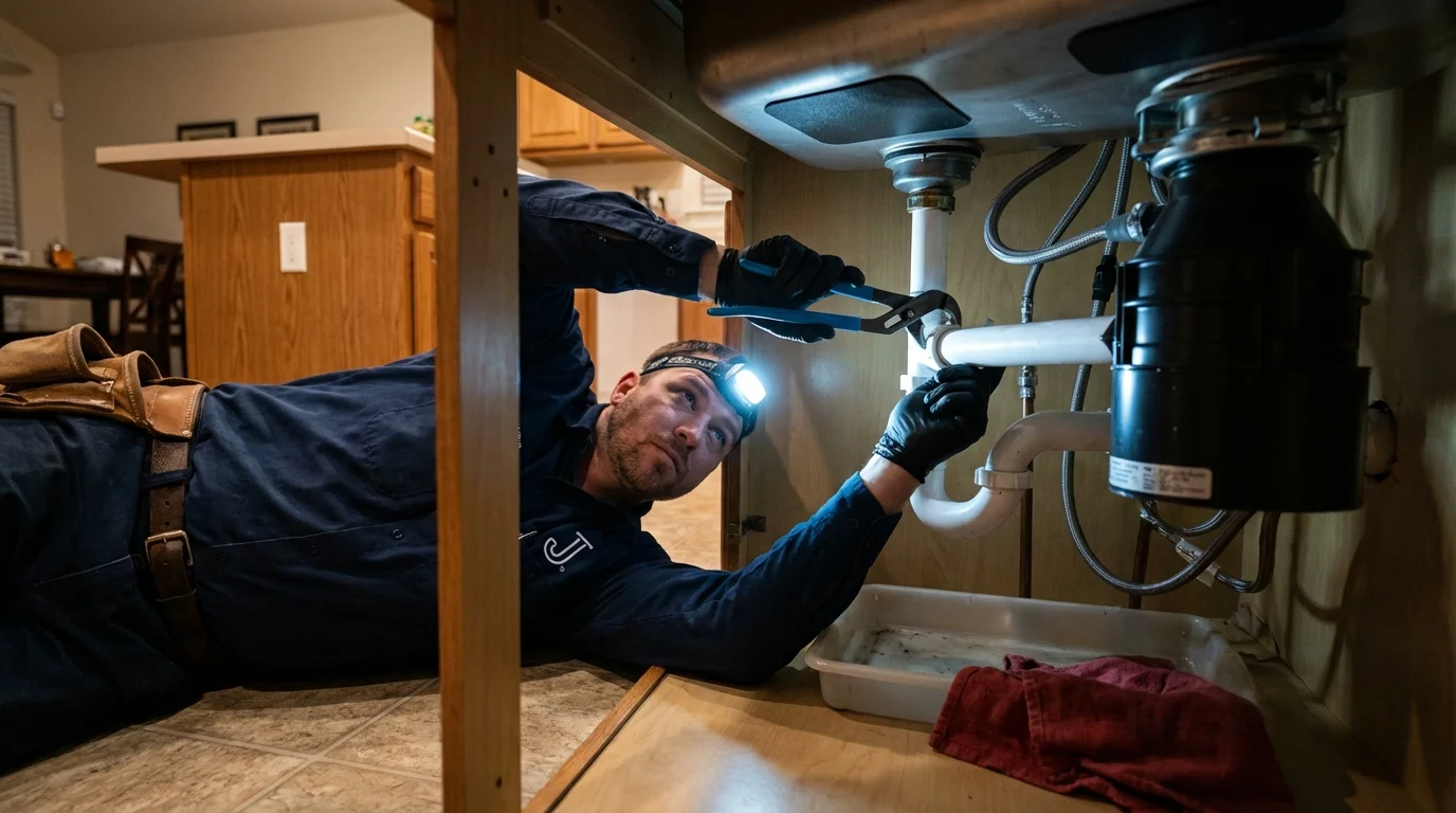 P-trap and supply line connections under a kitchen sink showing a common leak point in Earlham, IA